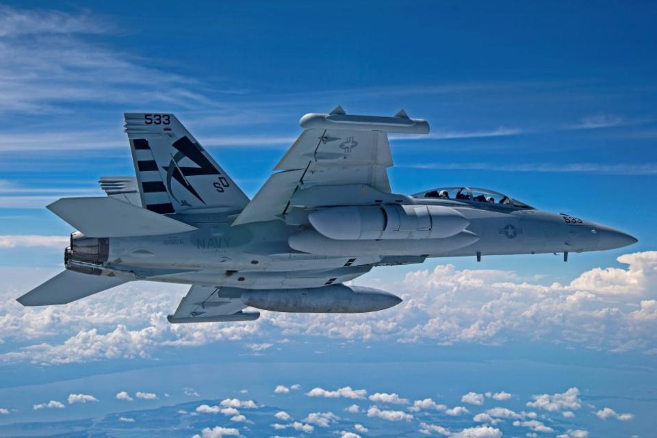 The NGJ Mid-Band pod hanging on the EA-18G seen here flies for the second time.