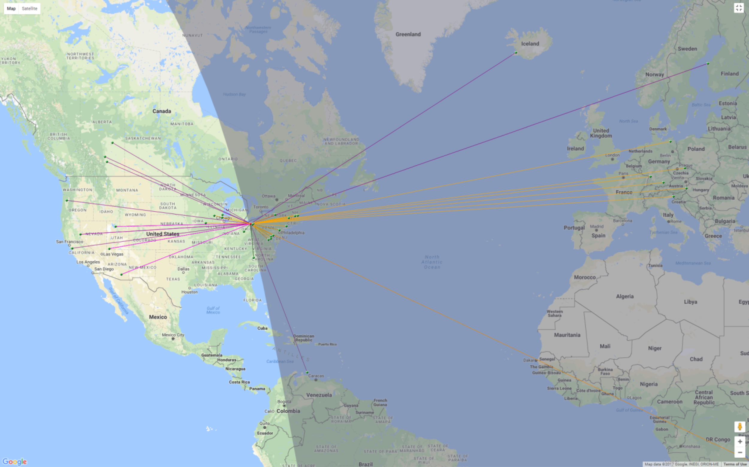 Map showing stations in the Reverse Beacon Network that spotted a test message from amateur station W8EDU in Cleveland