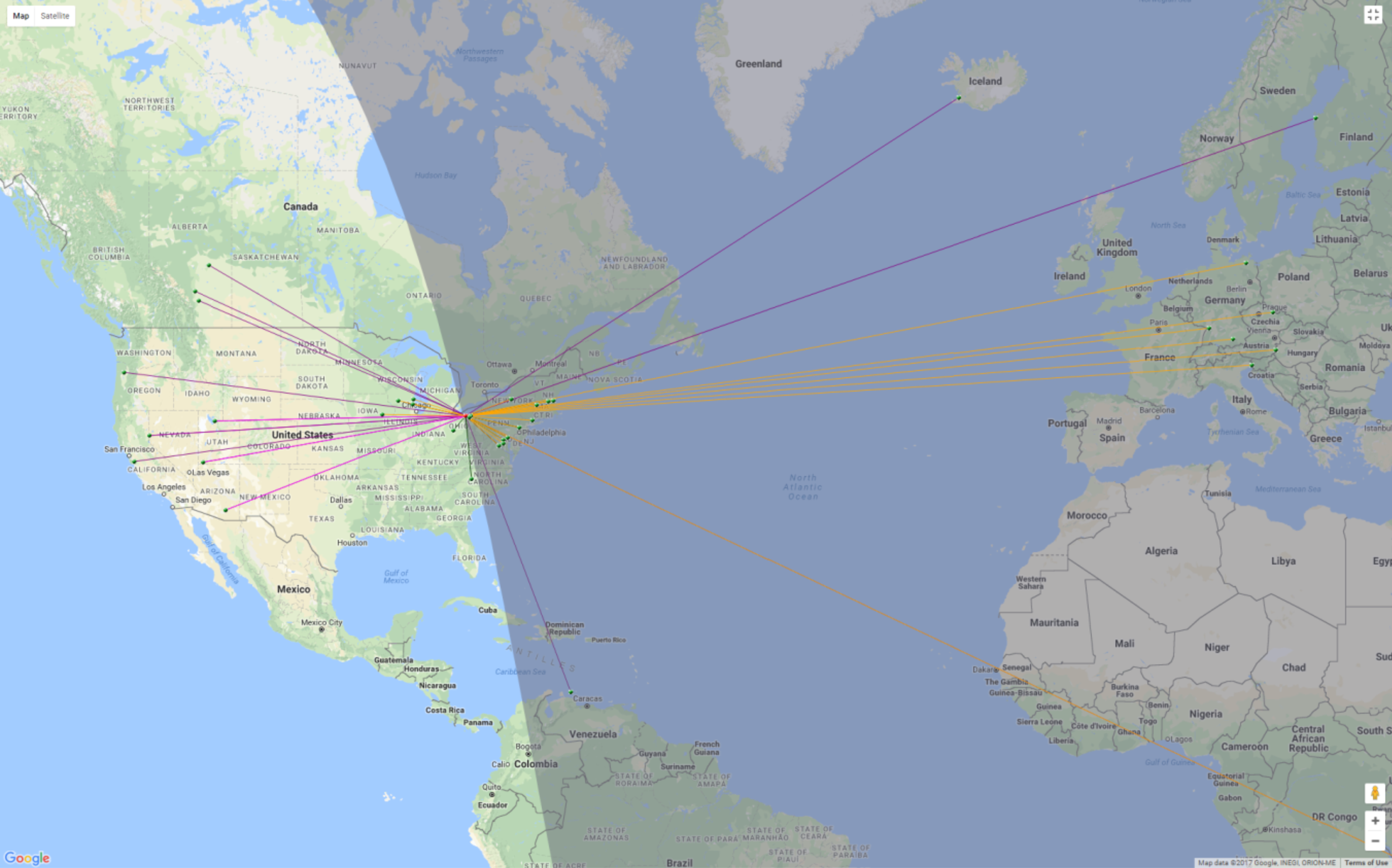 Map showing stations in the Reverse Beacon Network that spotted a test message from amateur station W8EDU in Cleveland Map showing stations in the Reverse Beacon Network that spotted a test message from amateur station W8EDU in Cleveland