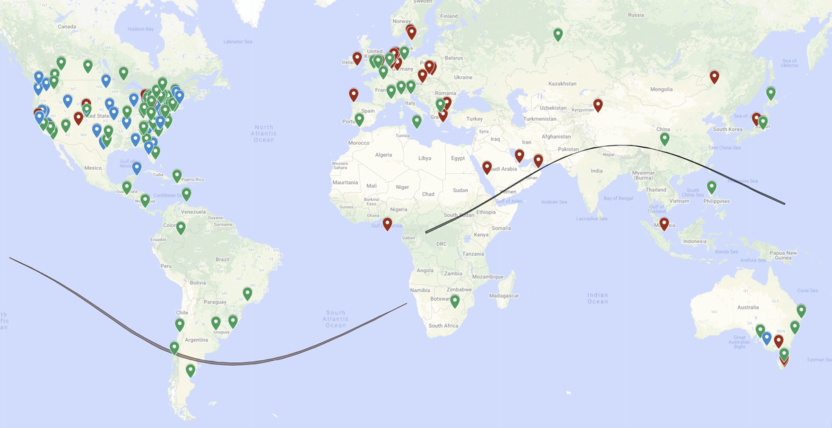 Map showing locations of ham radio stations that participated in Festival of Frequency Measurement events