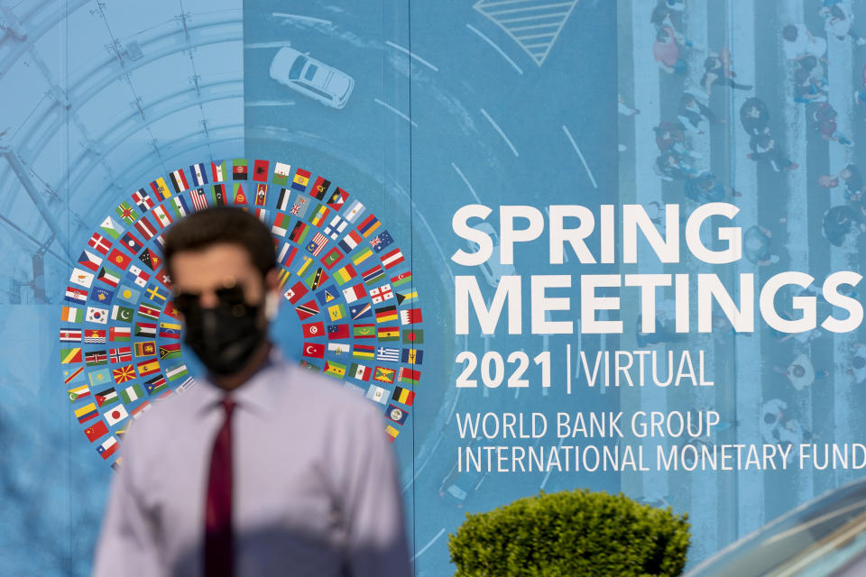The poster is on display at the International Monetary Fund building on Monday, April 5, 2021, in Washington.  The IMF and the World Bank open their virtual spring meetings.  (AP Photo / Andrew Harnick)