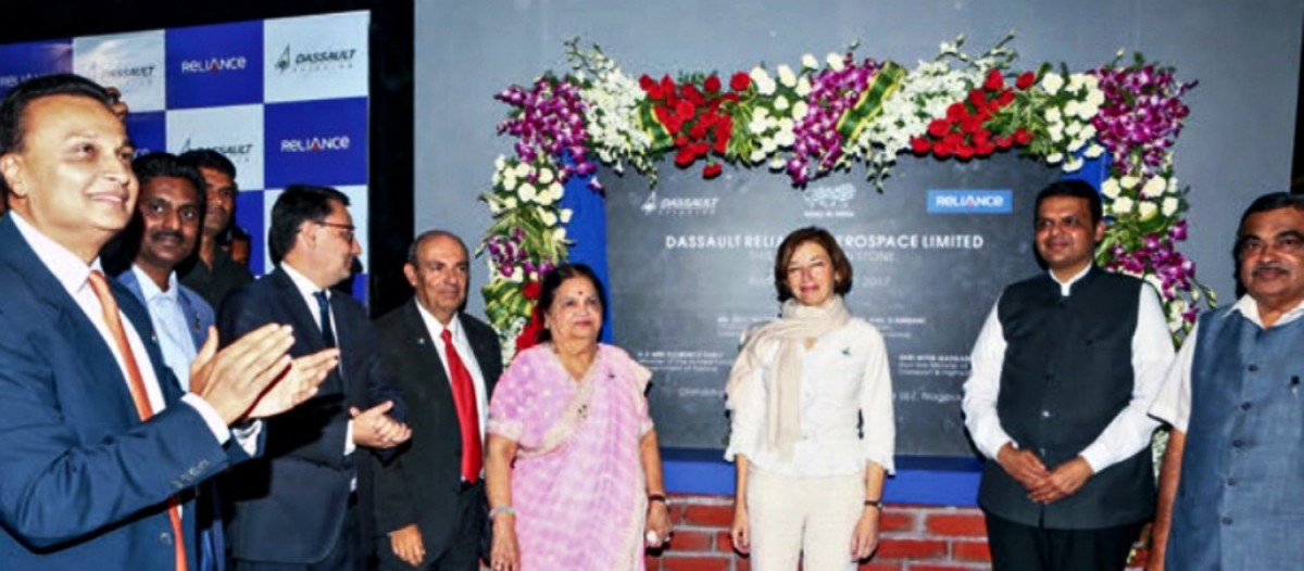 Anil Ambani (left), Eric Trappier of Dassault (fifth from the left), with Maharastra chief minister Devendra Fadnavis and Union minister for transport and Nagpur MP Nitin Gadkari at the foundation laying ceremony for the Reliance-Dassault joint venture plant in Nagpur, 2016. Credit: Dassault