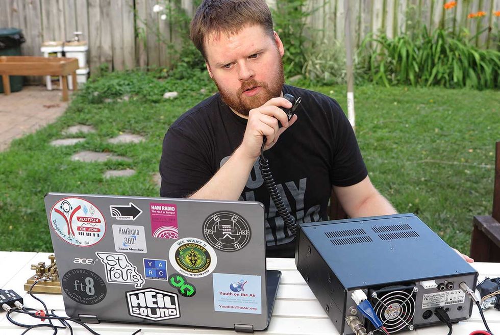 Sterling Mann with his ham radio setup