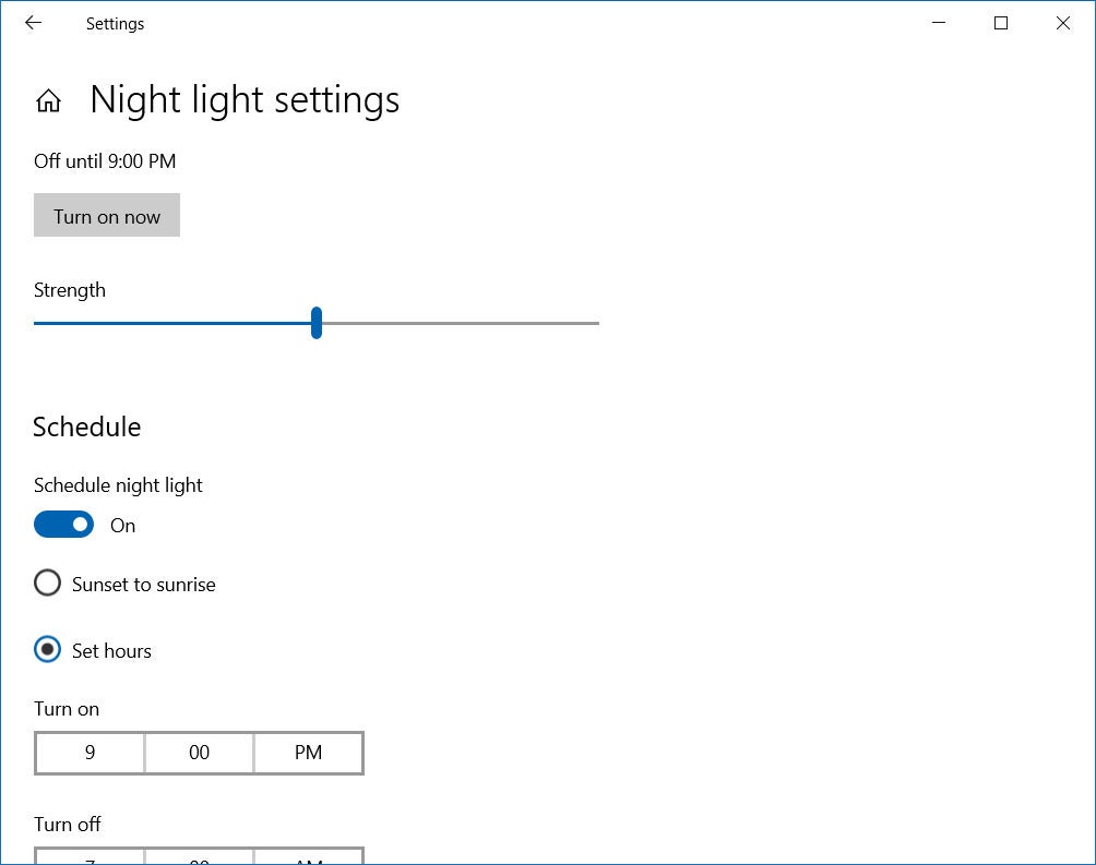 Windows night light setting