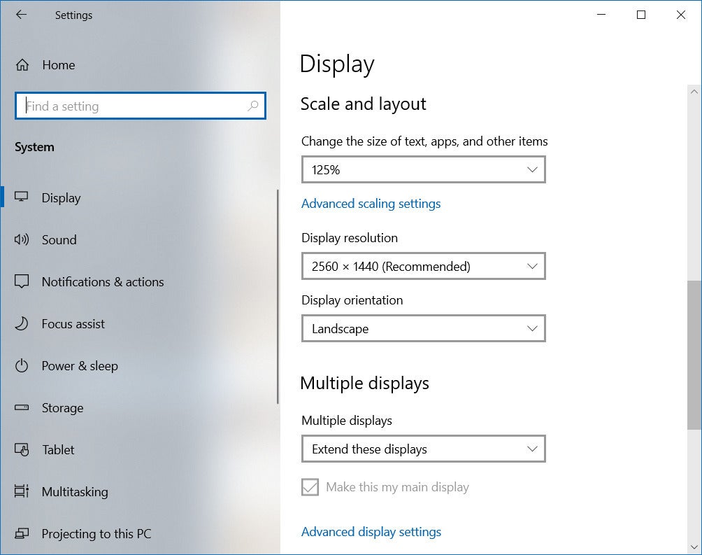 Scale and layout of the Windows display