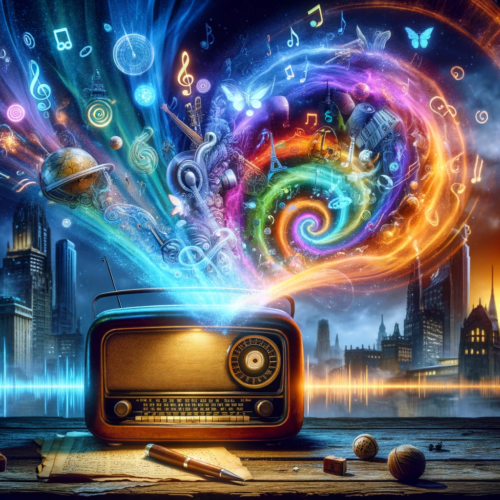 A vintage radio glowing with a magical aura, emitting colorful sound waves that transform into a swirling vortex of musical notes and symbols amidst a backdrop of historical and futuristic landscapes.