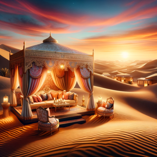 A luxurious tent with opulent furnishings in a serene desert at sunset, surrounded by sand dunes under a warm sky.