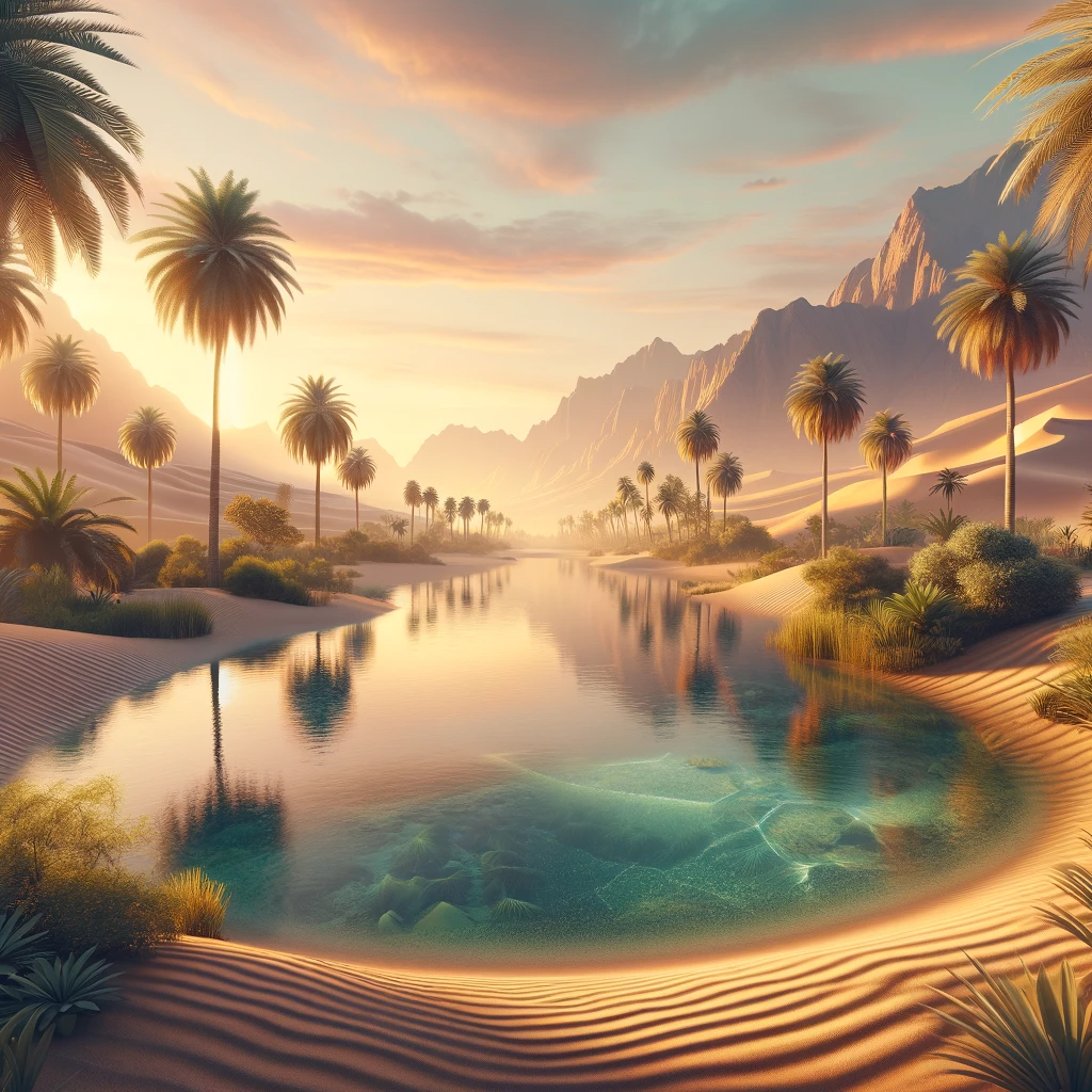 A serene desert oasis at dawn with clear water, surrounded by lush greenery and palm trees, against a backdrop of mountains and a pastel sky.